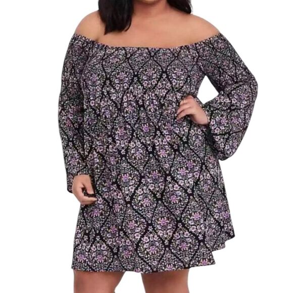 Torrid Smocked Skater Dress Floral Off The Shoulder Bell Sleeve Womens Size 2X - Picture 1 of 12